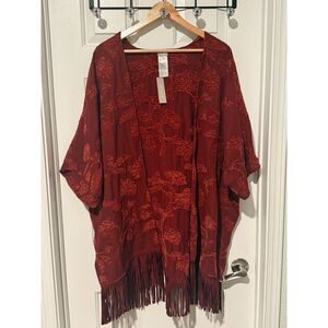 Chico's Chenille Floral Jacquard Ruana Wrap Women's L/XL Red Burgundy NWT